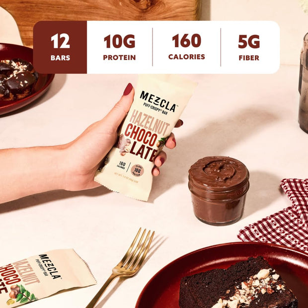 Mezcla Puff Crispy Protein Bars, Gluten Free & Vegan Protein Bars, 10g Protein, Alt for Crispy Rice Treat, Granola Bars & Breakfast Bars, Healthy Snacks for Adults, Hazelnut Chocolate, 12 Pack