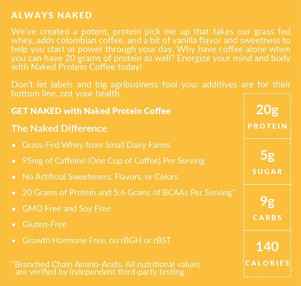NAKED Vanilla Latte Protein Coffee - Premium Colombian Iced Coffee Protein Shake Drink, Delicious Keto Friendly and Gluten Free, 17 Servings