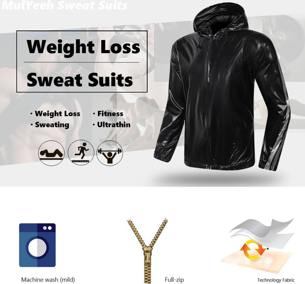 MulYeeh Weight Loss Sweat Suit Anti-Rip Heavy Duty Full-Zip Sauna Suit Fitness Exercise Gym Top Pant with Hood for Men Women