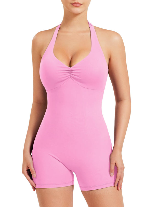 YEOREO Women Halter Workout Jumpsuits One Piece Backless Bodycon Bodysuits Hidden Scrunch V Back Yoga Joceline Short Romper