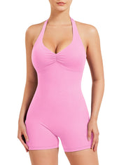 YEOREO Women Halter Workout Jumpsuits One Piece Backless Bodycon Bodysuits Hidden Scrunch V Back Yoga Joceline Short Romper