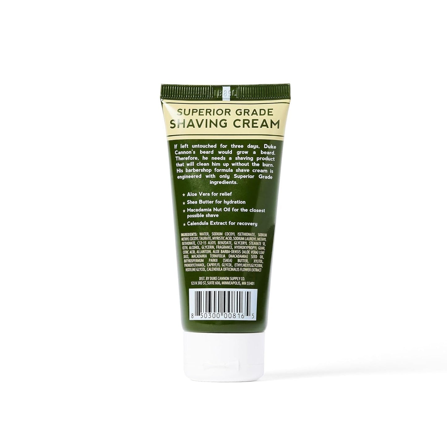 Duke Cannon Superior Grade Shaving Cream - Barbershop Formula with Aloe Vera, Shea Butter, Macadamia Nut Oil (2 ounces)