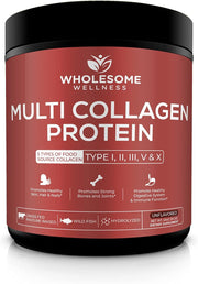 Wholesome Wellness Multi Collagen Protein Powder Hydrolyzed (Type I II III V X) Grass-Fed All-in-One Super Bone Broth + Peptides - Premium Blend of Beef, Chicken, Wild Fish, Eggshell, 58 Servings