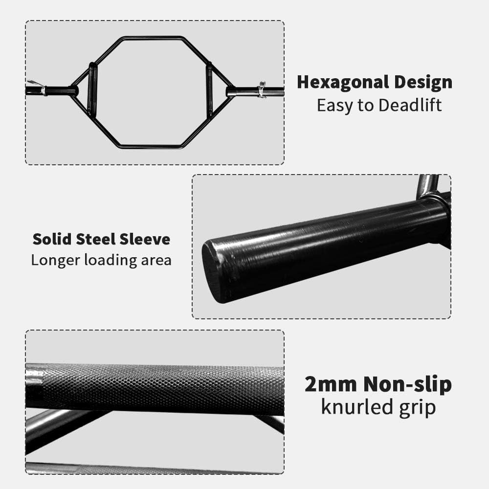 Olympic Hex Bar Solid Steel Sleeve 1000lbs Weight Capacity Trap Bar Deadlift Bar with Knurled Handles, for Bodybuilding Training, Squats, Deadlifts, Shrugs Power Pulls, Black