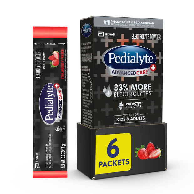 Pedialyte AdvancedCare Plus Electrolyte Powder, Has 33% More Electrolytes and PreActiv Prebiotics, Berry Frost, 18 Powder Packets