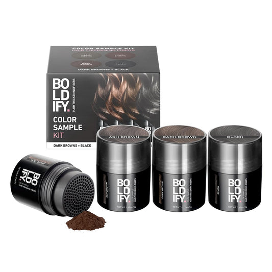 BOLDIFY Hair Fibers (Color Discovery Kit) - Fill In Thinning and Fine Hair for an Instantly Fuller, Thicker Look - 14 Shades for Women & Men - Dark Browns + Black