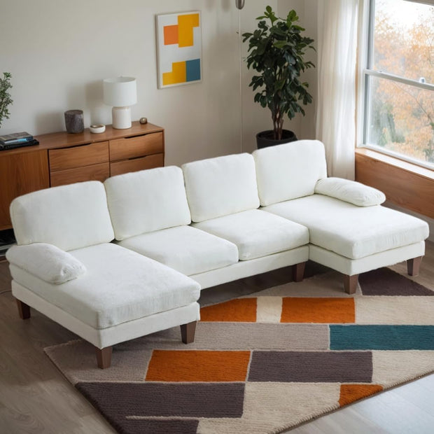 Karl home U-Shape Sectional Sofa Couch 111" Modern 4-Seat Sofa with Chaises Chenille Fabric Upholstered Covertible Couch with Wood Grain Legs for Living Room, Reception Room, Apartment, Beige