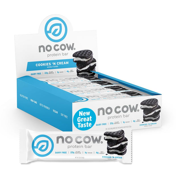 No Cow Vegan Protein Bars, Upgraded Brand Sampler Pack | 20g Plant Based Protein, Gluten Free, Dairy Free, Soy Free, Keto Friendly, Low Sugar, High Fiber Snack Bars | Pack of 12