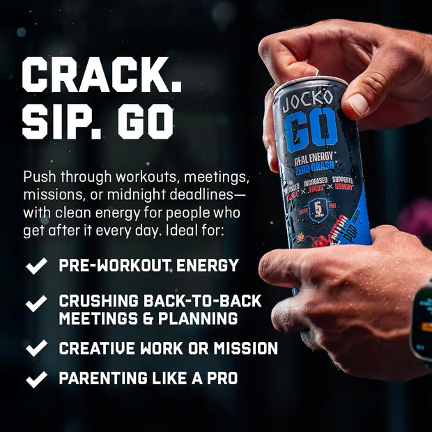 Jocko Fuel Blue Raspberry Energy Drink, 12 Pack, 0 Sugar, 95mg Caffeine, Supports Brain Health