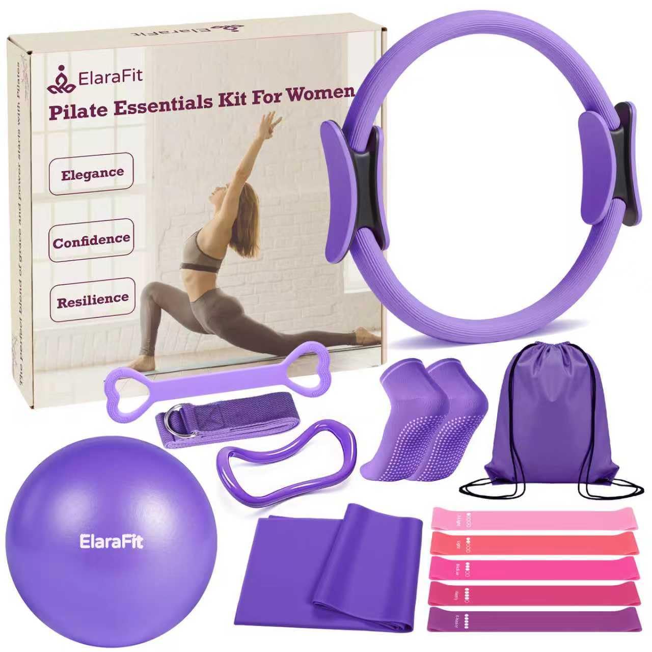 Home Pilates Kit for Women Pilates Equipment Ring and Ball Set Magic Circle Hoop with 5 Resistance Bands Compact Toning Fitness Essentials Starter Set Accessories