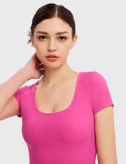 PUMIEY Women's Scoop Neck Short Sleeve Bodysuit Slimming Fit Body suit Top Smoke Cloud Pro Collection