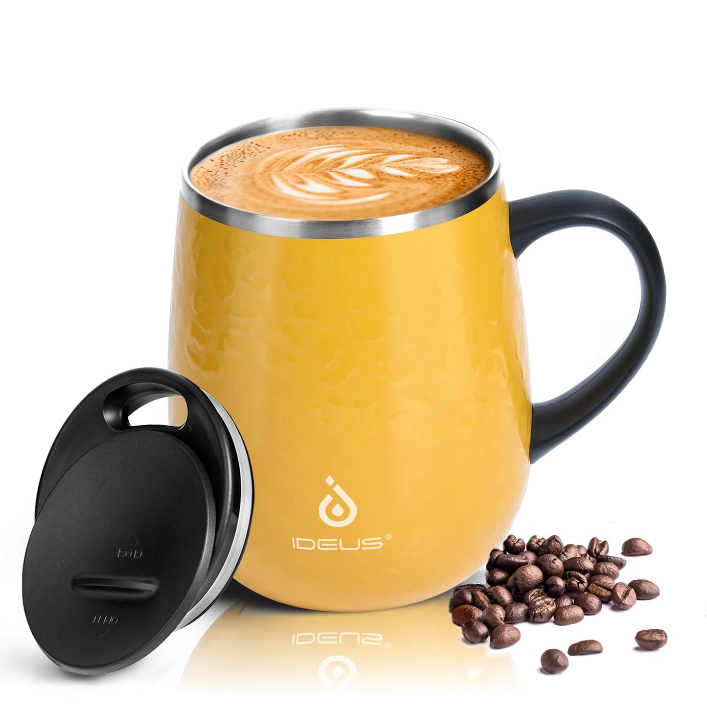 Ideus 16 oz Insulated Coffee Mug with Handle and Lid, Double Wall Stainless Steel Vacuum Thermal Coffee Mug, Travel Coffee Cup Thermal Cup for Home and Office, Storm Black