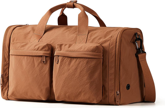 Aji Gym Bag for Women Men with Shoes Compartment, 3 in 1 Carry on Travel Duffel Bags with Trolley Sleeve, Lightweight&Water Resistant Gym Duffel Bag for Travel, Sports, Fitness & Workout(Warm Brown)