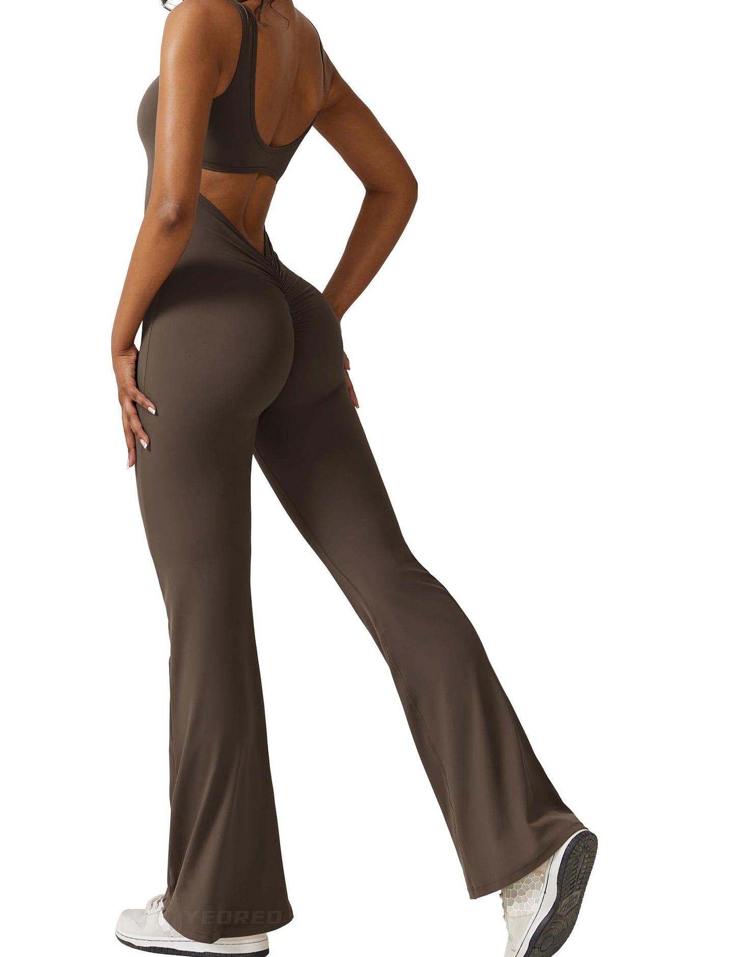 YEOREO Women Workout Scrunch Flare Jumpsuits Sexy Backless Butt Lift Gym Yoga Jumpsuits
