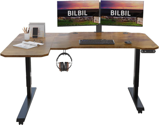 bilbil L-Shaped Electric Height Adjustable Standing Desk 59 Inches, Stand Up Rising Table for Home Office with Splice Board, Black Frame and Rustic Brown Top