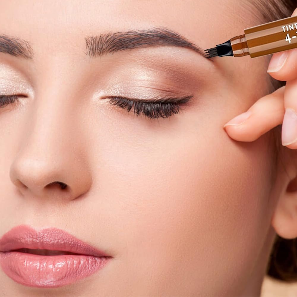 2 Pcs Microblading Eyebrow Contouring Pen, 3D Waterproof Magic Eyebrow Pencil, 4-Tip Microblade Brow Pen Magic Eyebrow Penci Fine-Stroke Long Lasting and Smudge-Proof (Brown)