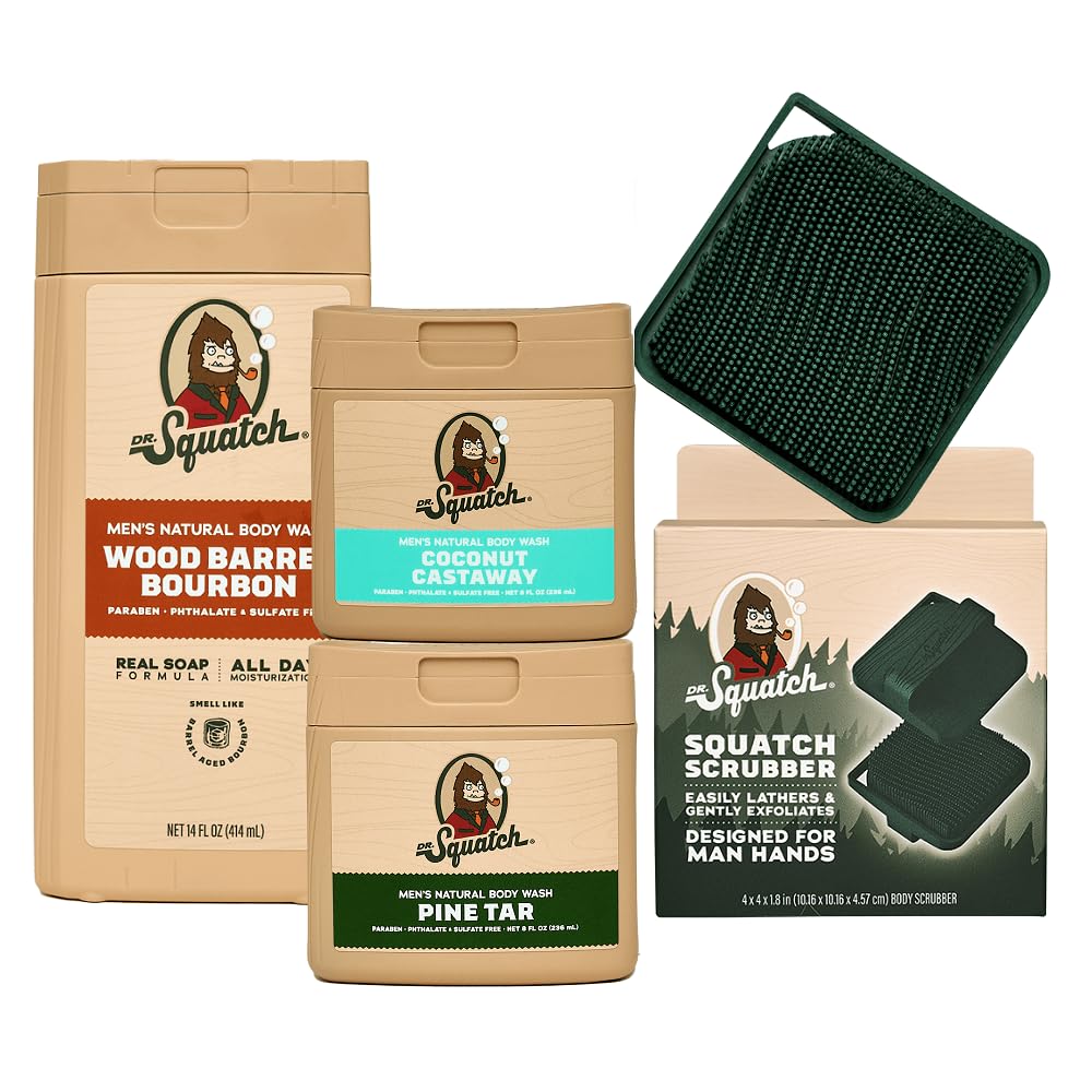 Dr. Squatch NEW Body Wash for Men with Nourishing, Natural Ingredients | No Paraben, Phthalate, Sulfate | Pine Tar (14 oz), Coconut Castaway & Wood Barrel Bourbon (8 oz, 2-Pack) & Body Scrubber