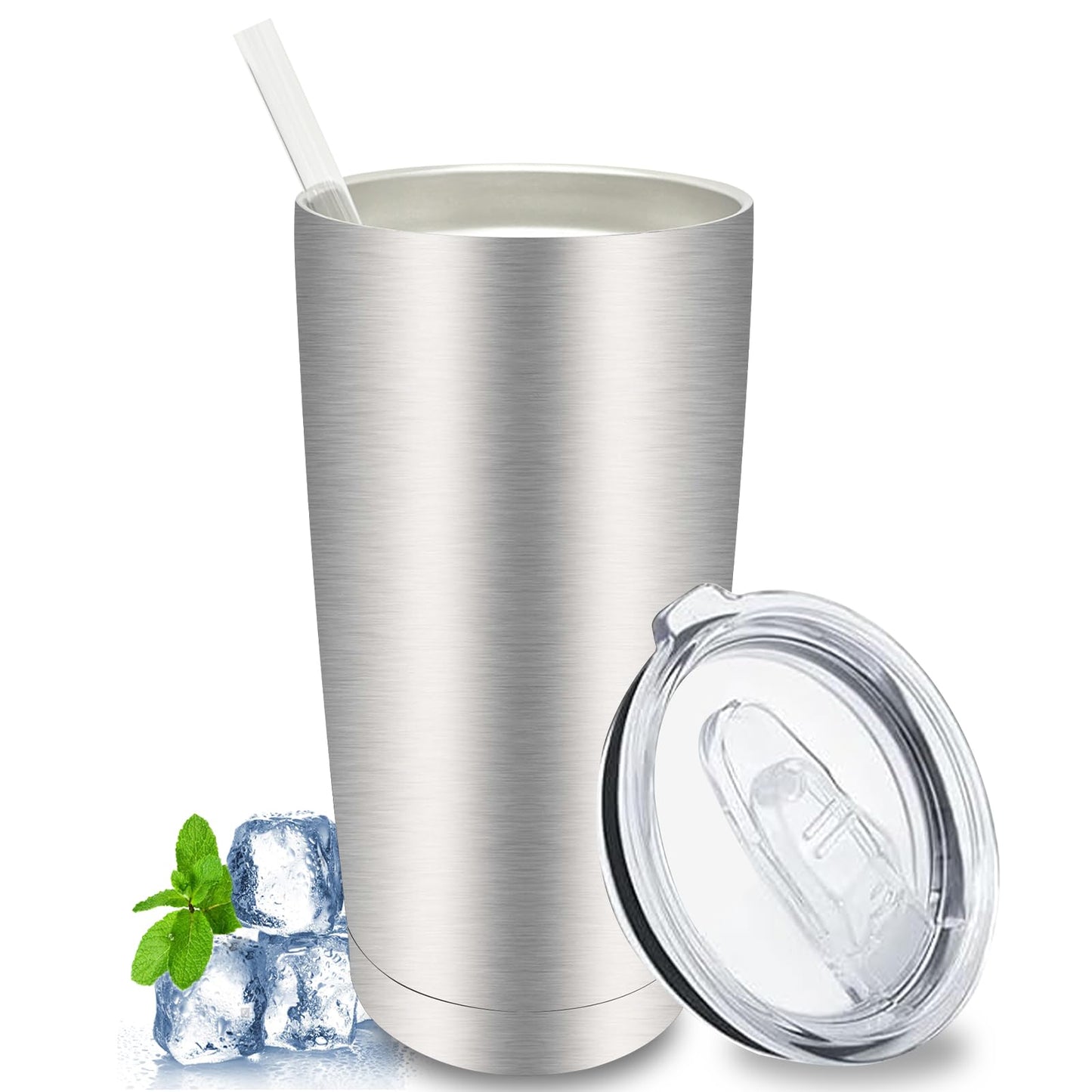 20 oz Tumblers Bulk, Stainless Steel Tumbler with Lid and Straw, Vacuum Double Wall Insulated Travel Coffee Mug with Sliding Lid, Powder Coated Cup for Hot and Cold Drinks (Stainless,6 pack)