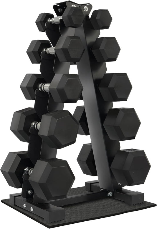 Fitvids Rubber Encased Hex Dumbbell Set with Rack, 5-20LB or 5-25LB Hand Weights with Anti-Slip Grip for Exercise & Fitness, Dumbbell Weights Set for Home Gym, 100LB or 150LB Set Options