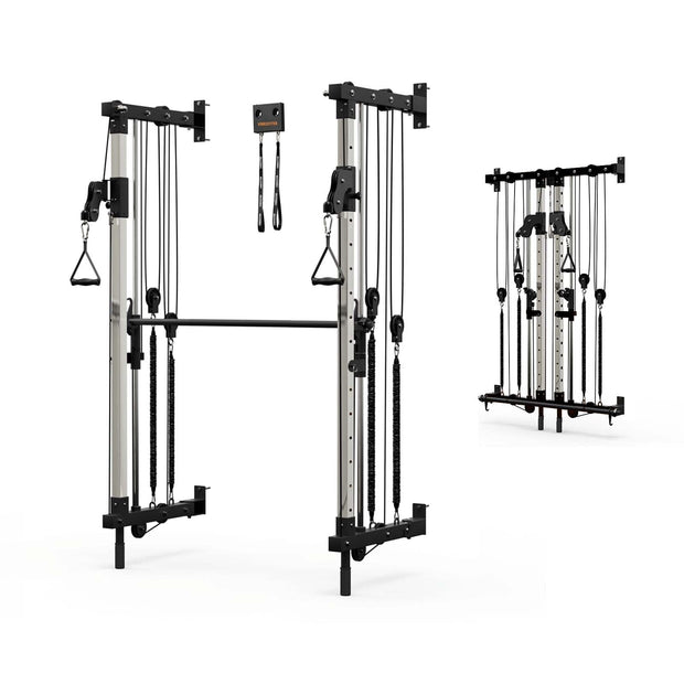 Wall-Mounted Folding Smith Machine Home Gym, All-in-One Compact Power Cage & Cable Pulley Trainer with 125–250LB Dual-User Resistance Band System for Home, Garage, Basement Fitness