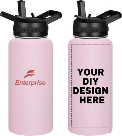 Personalized Custom Water Bottle with Text Photo Print in USA 32oz Double Wall Stainless Steel Leakproof Wide Mouth Cup with Flip Straw