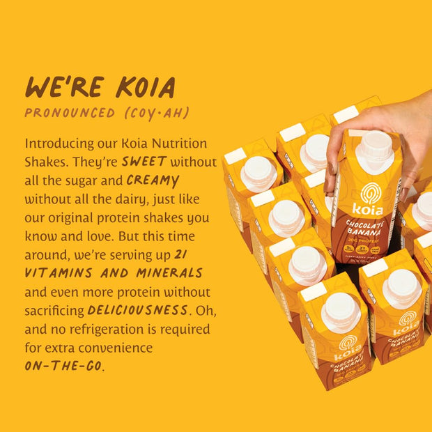 Koia Plant Based Protein Shake, Chocolate Banana, 20g Protein, 5g Sugar, 6g Prebiotic Fiber, 21 Vitamins & Minerals, Meal Replacement Drinks, Dairy-Free, Gluten-Free, Non-GMO, 11 Fl Oz (Pack of 12)