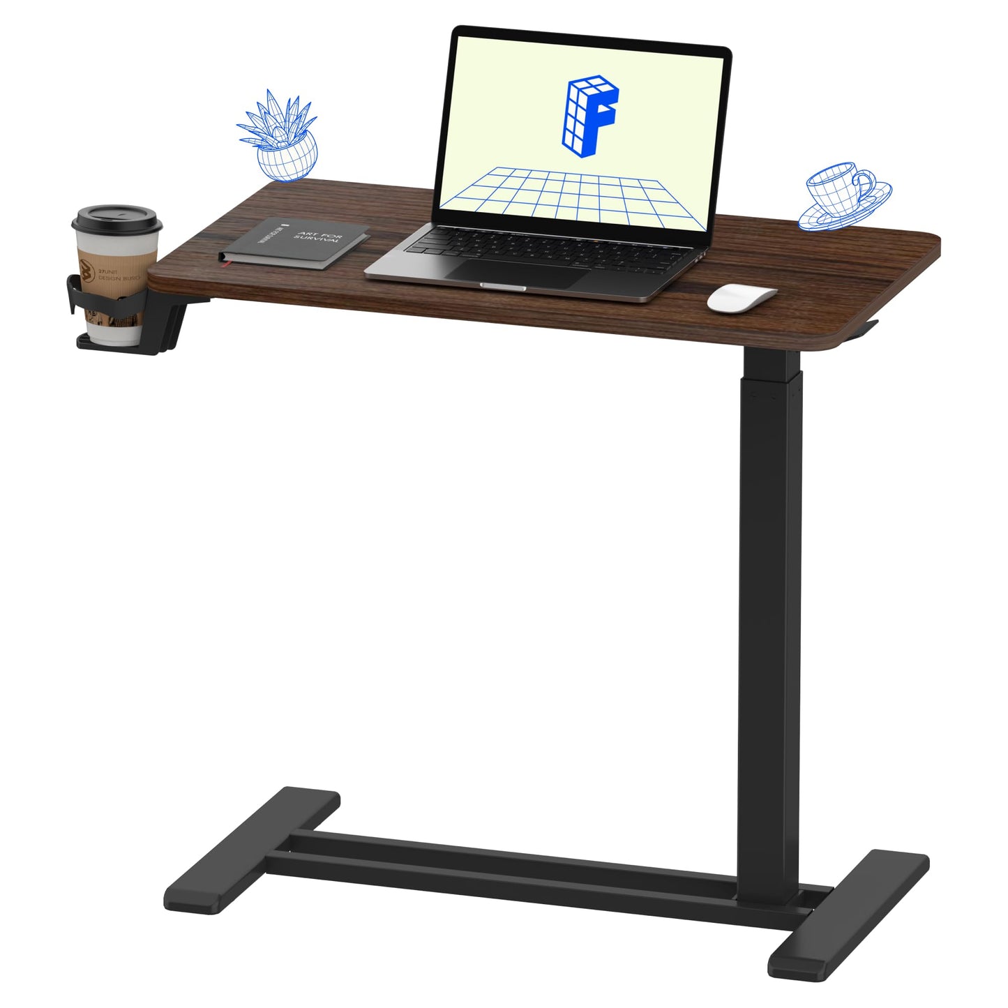 FLEXISPOT H7 Adjustable Overbed Bedside Table with Wheels Pneumatic Mobile Standing Desk Laptop Desk Rolling Computer Cart Movable Overbed Table Hospital Home Use(27.6" W x 15.7" D, White)