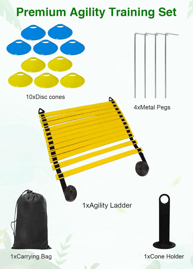 Speed Agility Training Equipment Set - 20ft Agility Ladder, 10 Disc Cones, Resistance Parachute, 5 Resistance Bands & Carry Bag | Football Soccer Basketball Fitness Drills for Kids Adults