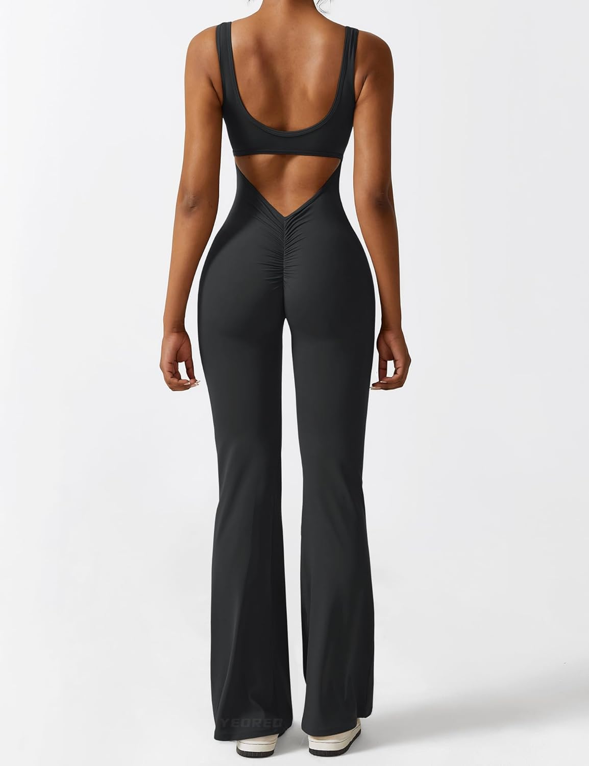 YEOREO Women Workout Scrunch Flare Jumpsuits Sexy Backless Butt Lift Gym Yoga Jumpsuits