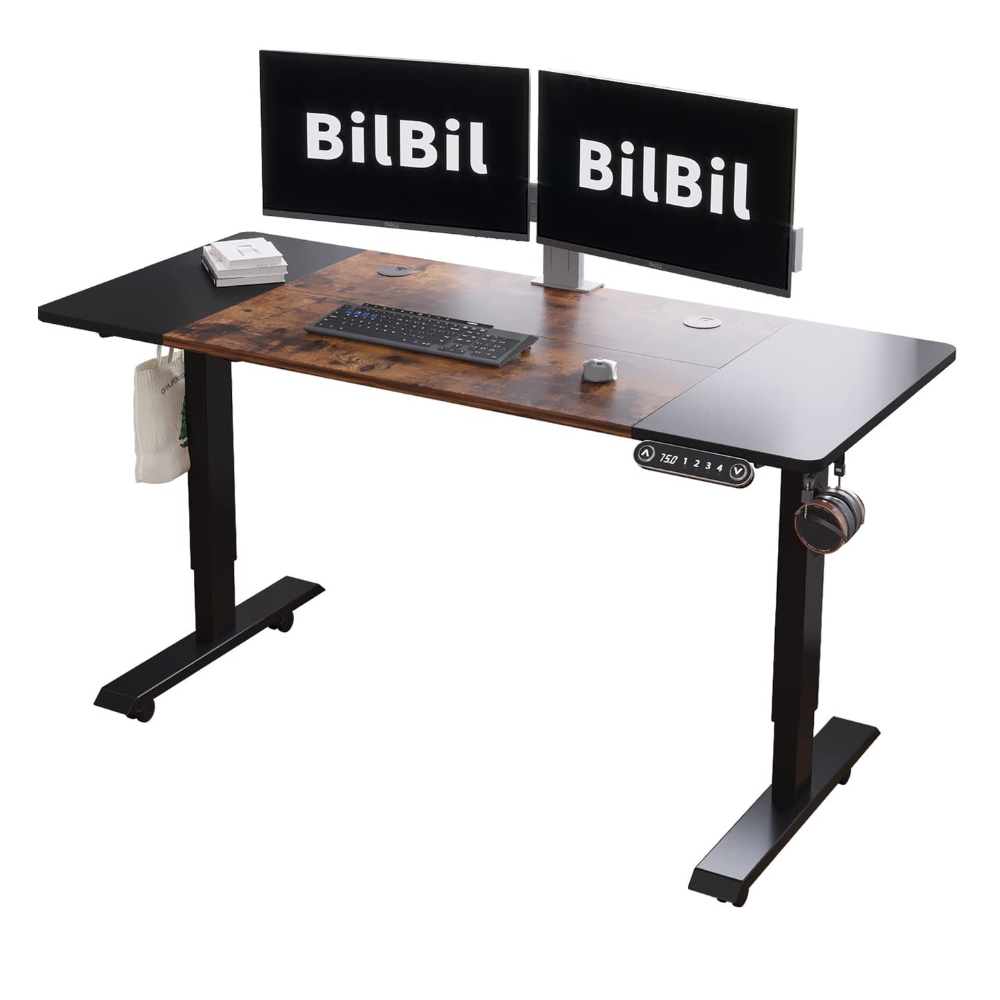 bilbil L-Shaped Electric Height Adjustable Standing Desk 59 Inches, Stand Up Rising Table for Home Office with Splice Board, Black Frame and Rustic Brown Top