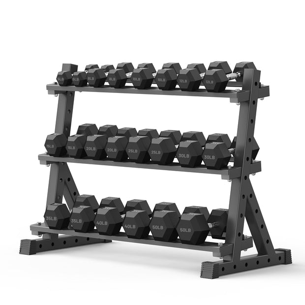 PAPABABE Hex Dumbbell Set with Rack, Rubber Encased Free Weight with Weight Storage Racks, Multiple Weight Options for Home Gym and Fitness