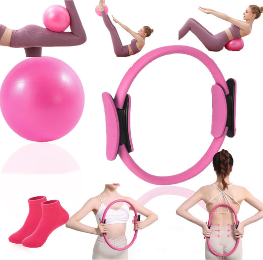 Basan Pilates Ring Kit – Pilates 14" Magic Circle, 9" Mini Exercise Ball for Inner Thighs, Arms & Core Toning – Home Pilates Fitness Ring Workout Set for Women Beginner Starter kit