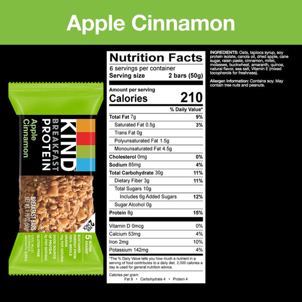 KIND Breakfast Protein, Healthy Snack Bar, Apple Cinnamon, Gluten Free Breakfast Bars, 8g Protein, 1.76OZ Packs, 12 Count