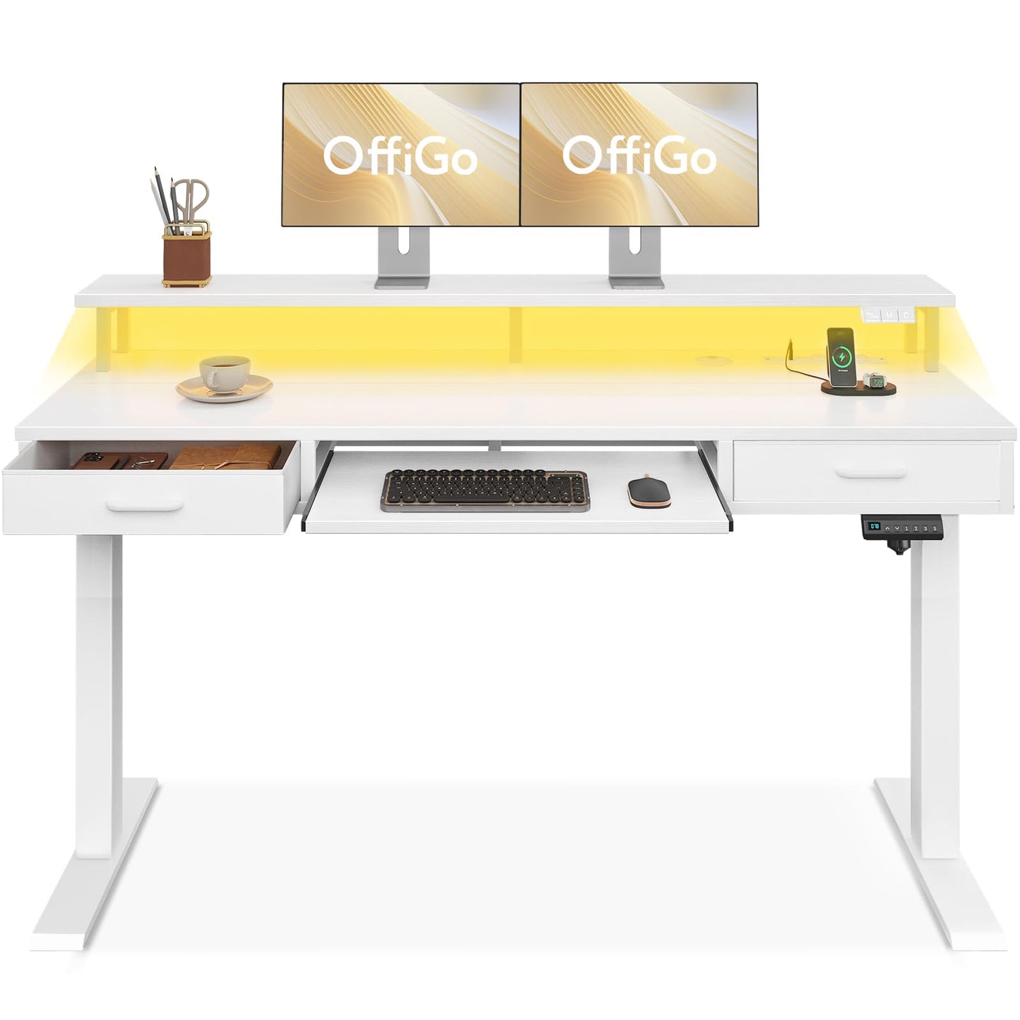 Electric Standing Desk with Drawers & Keyboard Tray, 55 Inch Height Adjustable Desk with Power Outlets & LED Lights, Sit Stand Table with Monitor Stand for Home, Office, White