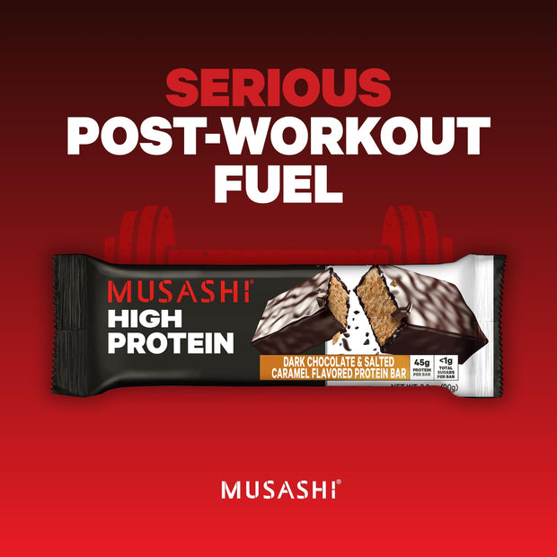 MUSASHI High Protein Bar, 45g Protein, <1g Total Sugars, Dark Chocolate & Salted Caramel, Post Workout and Protein Snack On The Go, 12 Pack of 3.2oz (90g) Bars