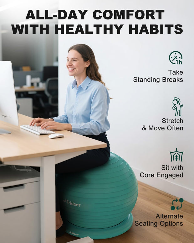 Trideer Exercise Yoga Ball Chair with Base for Home Office Desk, Stability & Fitness Ball Seat to Relieve Back Pain, Home Gym Workout for Abs, Pregnancy Ball with Pump