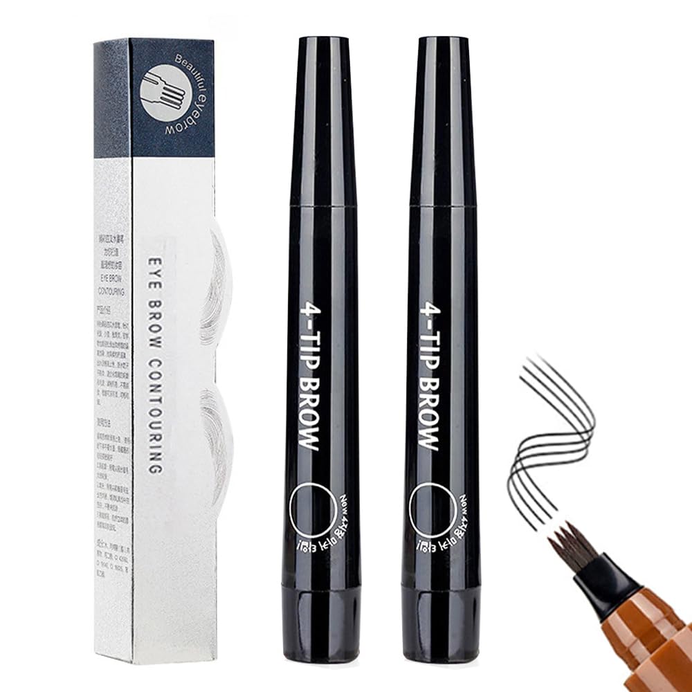 2 Pcs Microblading Eyebrow Contouring Pen, 3D Waterproof Magic Eyebrow Pencil, 4-Tip Microblade Brow Pen Magic Eyebrow Penci Fine-Stroke Long Lasting and Smudge-Proof (Brown)