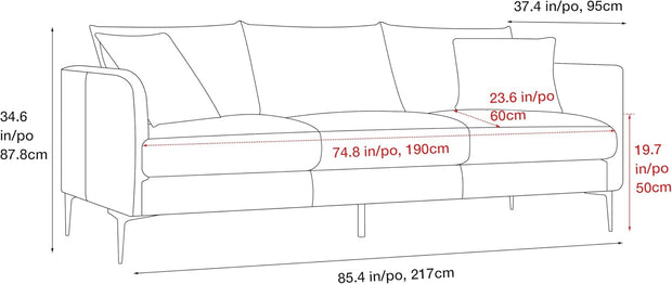 Valencia Jasper 85" Cognac Tan Brown 3 Seater Full Leather Couch | Mid Century Sofa with 2 Pillows for Living Room Furniture | Plush Cushions, Nappa Leather Lounge Couch