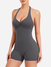 YEOREO Women Halter Workout Jumpsuits One Piece Backless Bodycon Bodysuits Hidden Scrunch V Back Yoga Joceline Short Romper