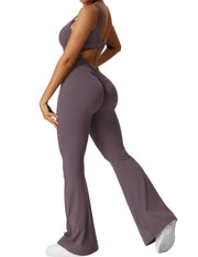YEOREO Women Workout Scrunch Flare Jumpsuits Sexy Backless Butt Lift Gym Yoga Jumpsuits