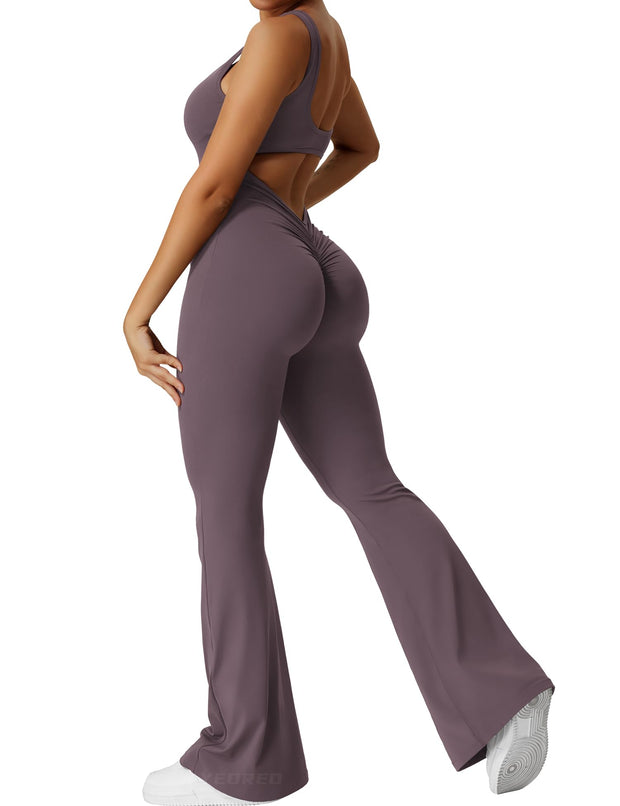 YEOREO Women Workout Scrunch Flare Jumpsuits Sexy Backless Butt Lift Gym Yoga Jumpsuits