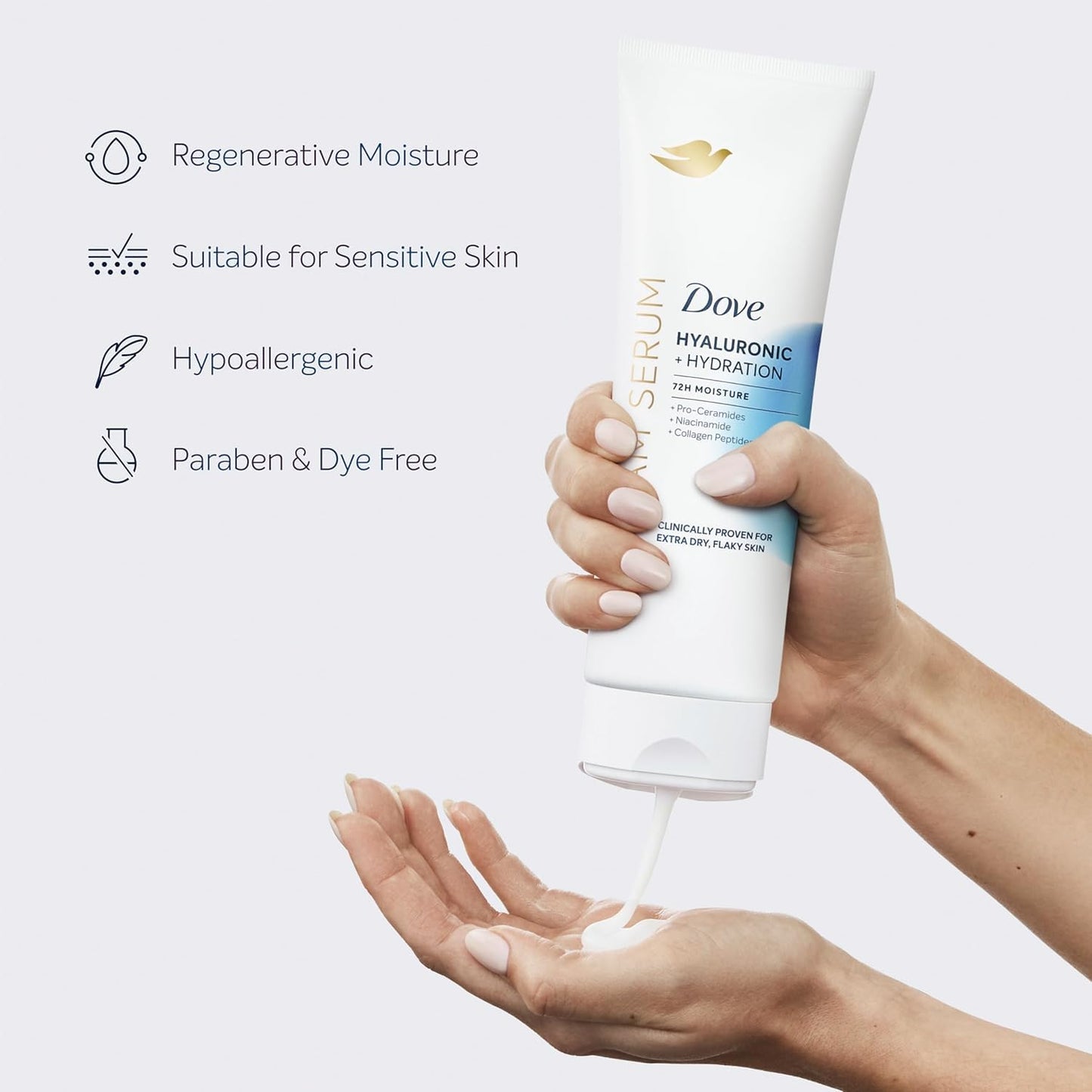 Dove Body Cream Serum Hyaluronic + Hydration for Extra Dry, Flaky Skin, with Pro-Ceramides, Niacinamide and Collagen Peptides Lotion, 8 oz