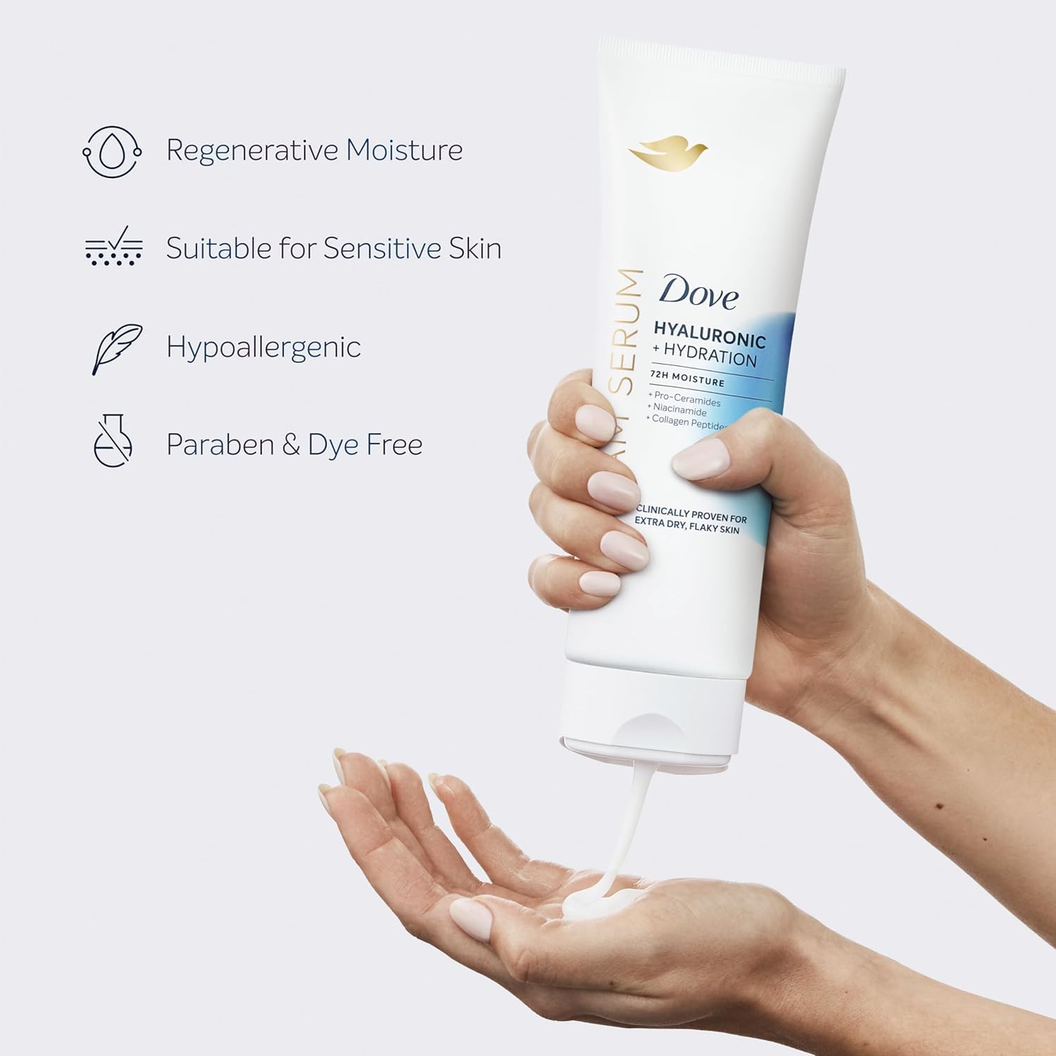 Dove Body Cream Serum Hyaluronic + Hydration for Extra Dry, Flaky Skin, with Pro-Ceramides, Niacinamide and Collagen Peptides Lotion, 8 oz