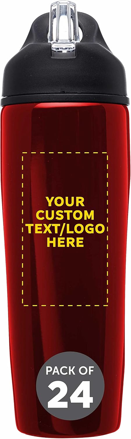 DISCOUNT PROMOS Custom Stainless Steel Water Bottle, 24 pack, Personalized Text, Logo, 28.5 oz Metal Sports Bottles with Flip Top, Easy Carrying, Red