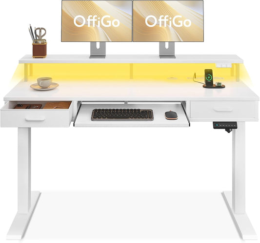 Electric Standing Desk with Drawers & Keyboard Tray, 55 Inch Height Adjustable Desk with Power Outlets & LED Lights, Sit Stand Table with Monitor Stand for Home, Office, White
