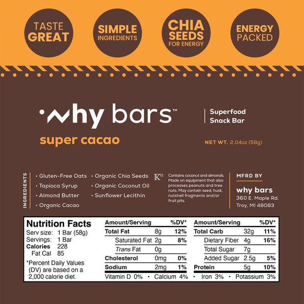 Why Bars, Protein Bars, Variety Pack, 2.04 Ounce Bars (Pack of 12 Protein Bars) - Protein Bar Superfood, Gluten Free, Non GMO, Organic, Vegan, Simple Ingredients