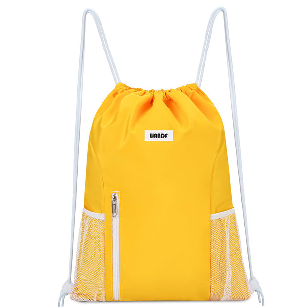 WANDF Drawstring Backpack Sports Gym Sackpack with Mesh Pockets Water Resistant String Bag for Women Men(Black)