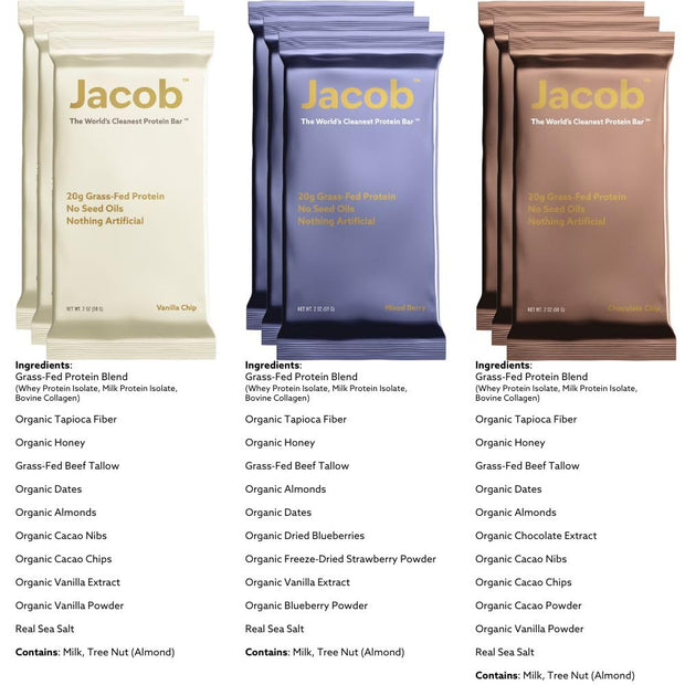 Jacob Bar, Protein Bars, Variety Pack (9 Bars Total) Contains 3 of Each; Chocolate, Vanilla, Berry - 20g Grass-Fed Protein, No Seed Oils, Nothing Artificial