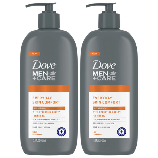Dove Hand & Body Lotion, Men+Care Value Pack – Everyday Skin Comfort Formula with Shea Butter & Jojoba Oil, Refreshing Lotion for Dry Skin, 13.5 Fl Oz (Pack of 2)