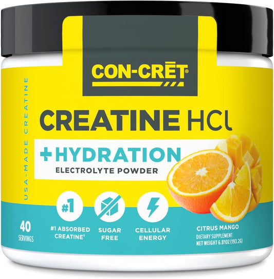 Creatine HCl + Hydration | Electrolyte Powder Tub | Citrus Mango | Sugar Free Electrolytes | Rehydration Formula w Potassium, Sodium, Zinc, Magnesium to Hydrate & Recover (40 serv)